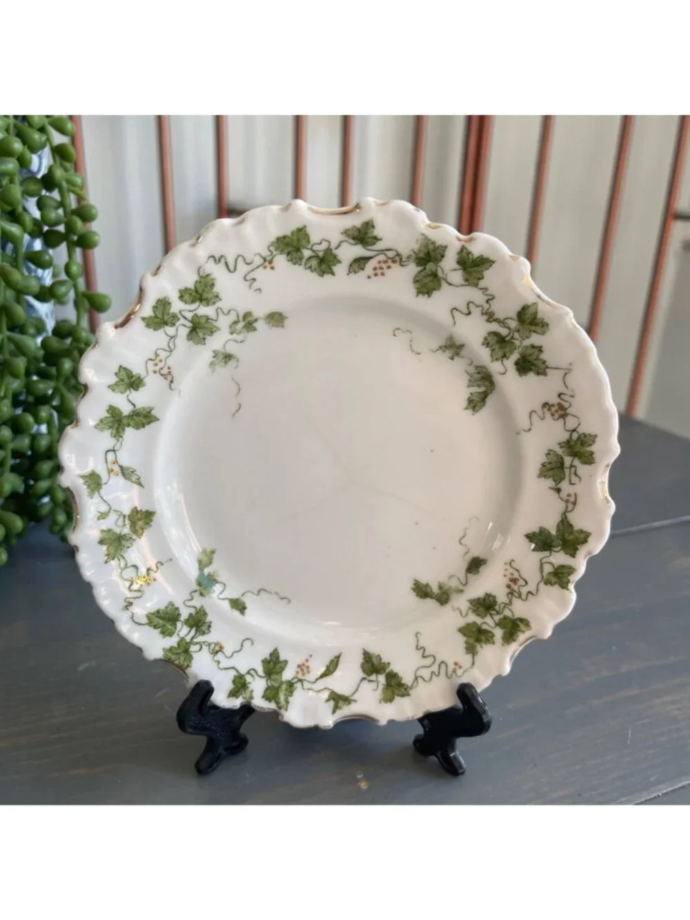 Antique Limoges Salad Dessert Plate Green Ivy Pattern Scalloped Edges